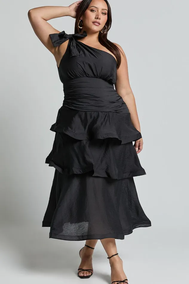 Eugenia Midi Dress 8211 One Shoulder Fit And Flare Layered Dress In Black Women Showpo Curve Clothes