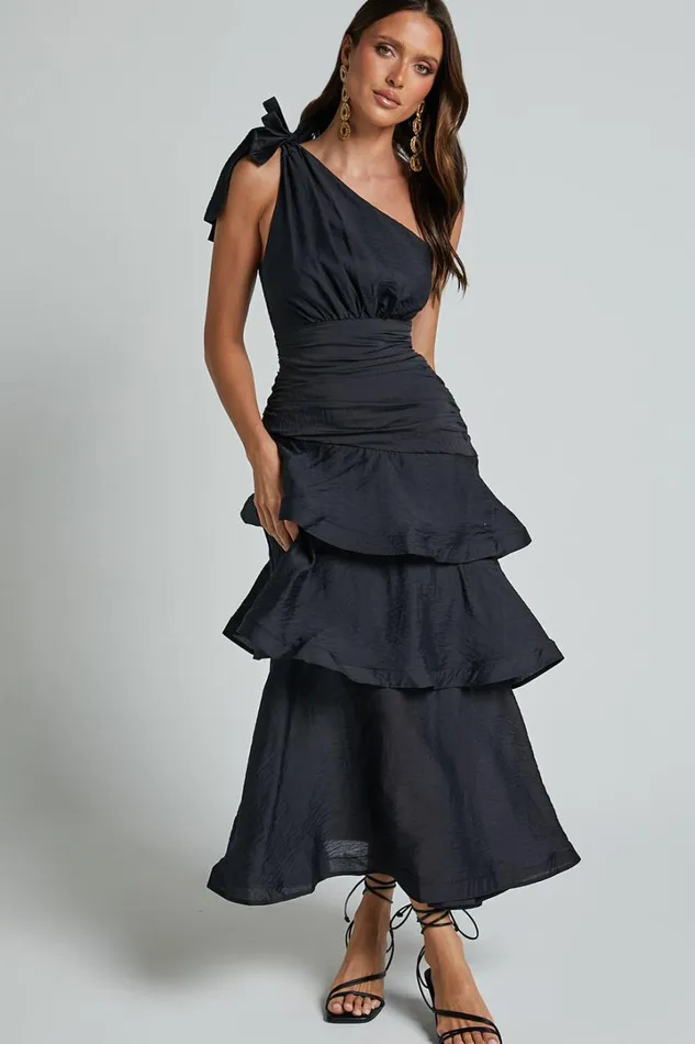 Eugenia Midi Dress 8211 One Shoulder Fit And Flare Layered Dress In Black Women Showpo Curve Clothes