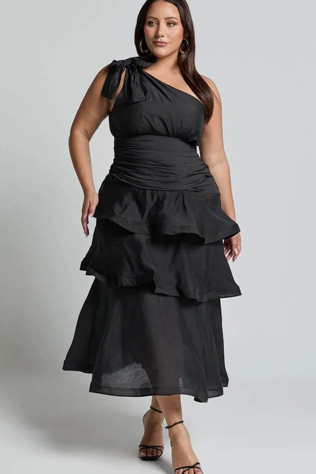 Eugenia Midi Dress 8211 One Shoulder Fit And Flare Layered Dress In Black Women Showpo Curve Clothes