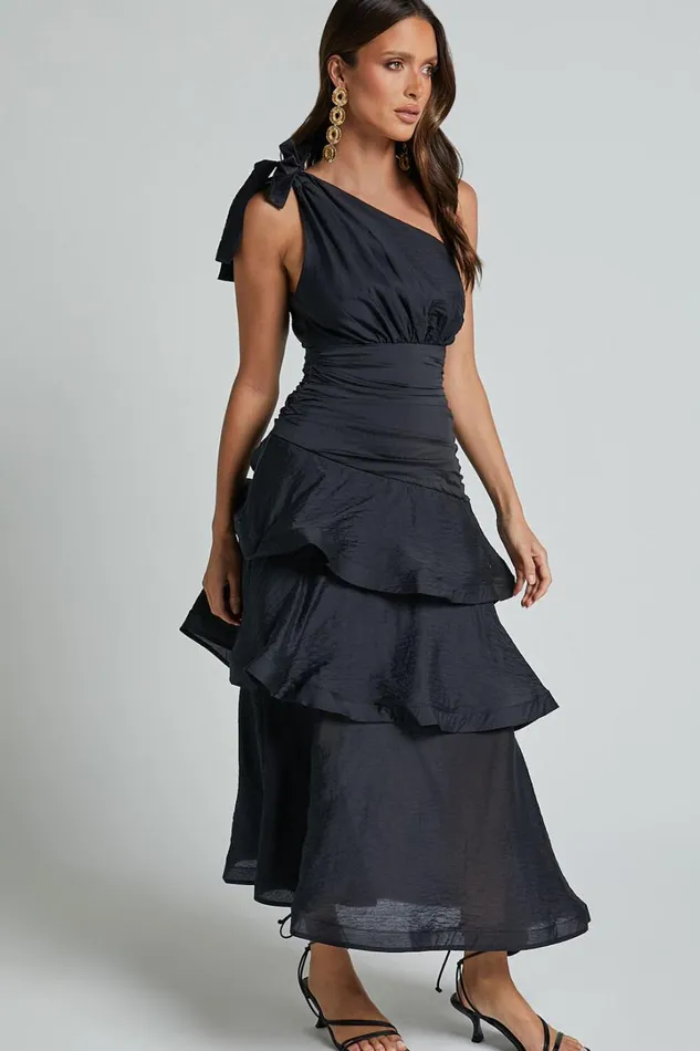 Eugenia Midi Dress 8211 One Shoulder Fit And Flare Layered Dress In Black Women Showpo Curve Clothes