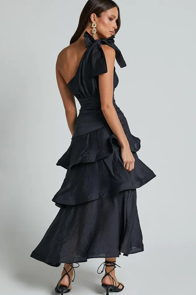 Eugenia Midi Dress 8211 One Shoulder Fit And Flare Layered Dress In Black Women Showpo Curve Clothes