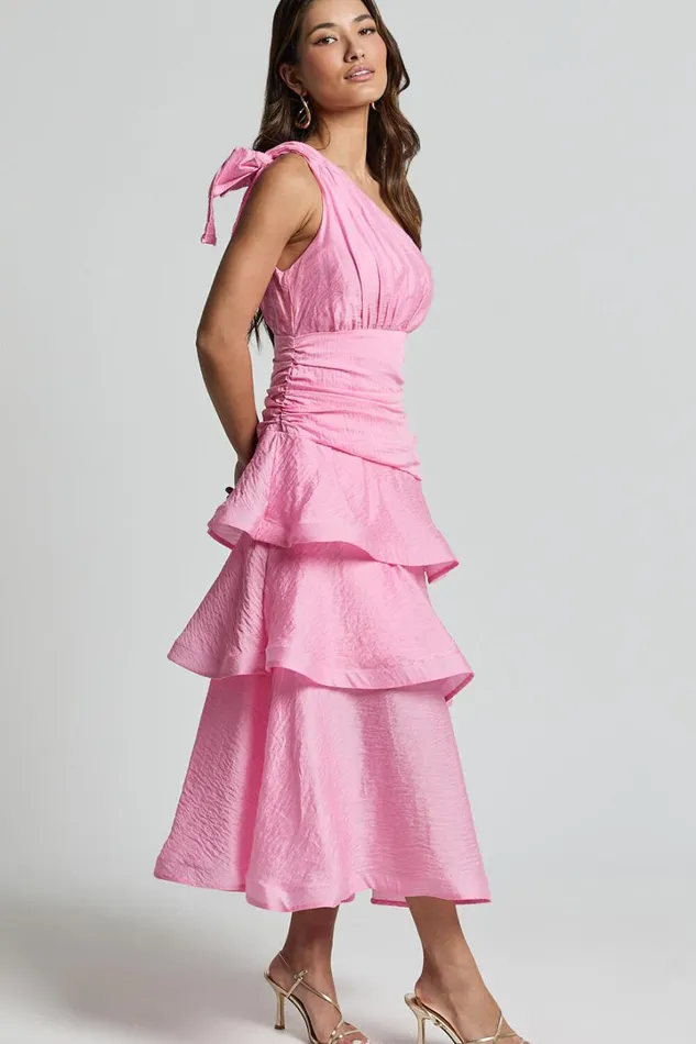 Eugenia Midi Dress 8211 One Shoulder Fit And Flare Layered Dress In Pink Women Showpo Dresses