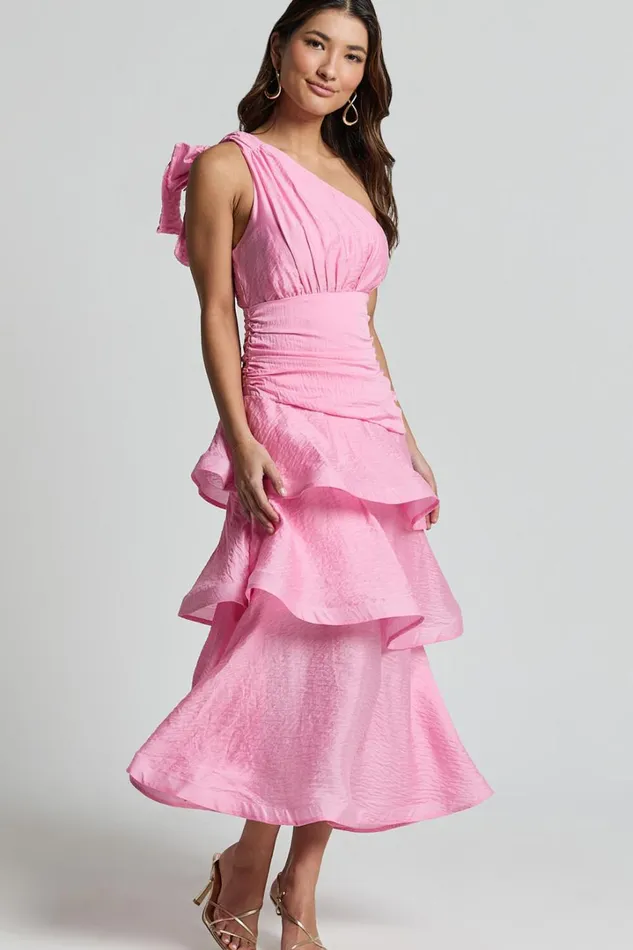 Eugenia Midi Dress 8211 One Shoulder Fit And Flare Layered Dress In Pink Women Showpo Dresses