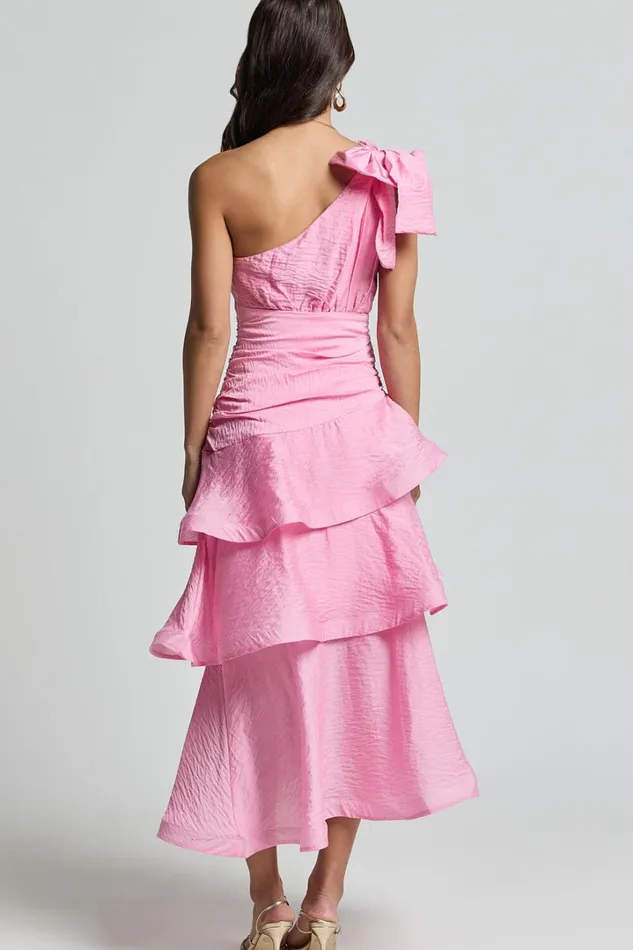 Eugenia Midi Dress 8211 One Shoulder Fit And Flare Layered Dress In Pink Women Showpo Dresses