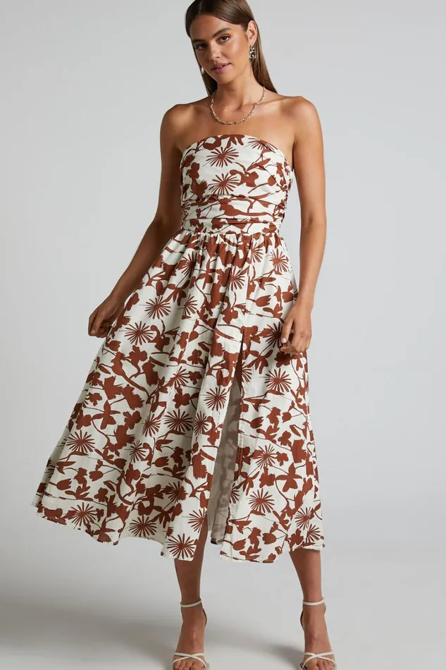 Evita Midi Dress 8211 Ruched High Split Strapless Dress In Multi Women Showpo Dresses