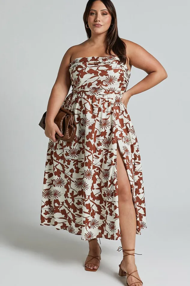Evita Midi Dress 8211 Ruched High Split Strapless Dress In Multi Women Showpo Dresses