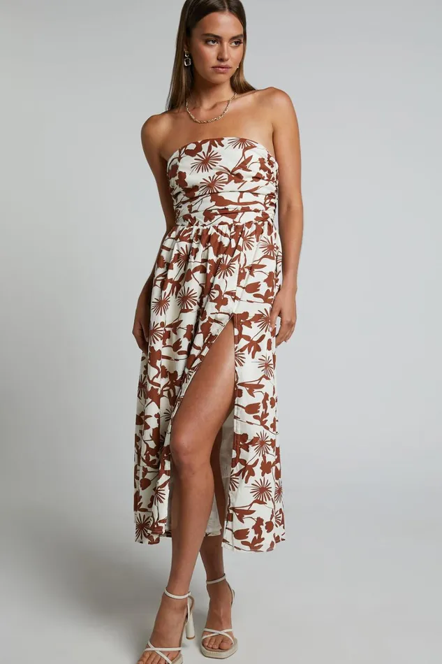 Evita Midi Dress 8211 Ruched High Split Strapless Dress In Multi Women Showpo Dresses