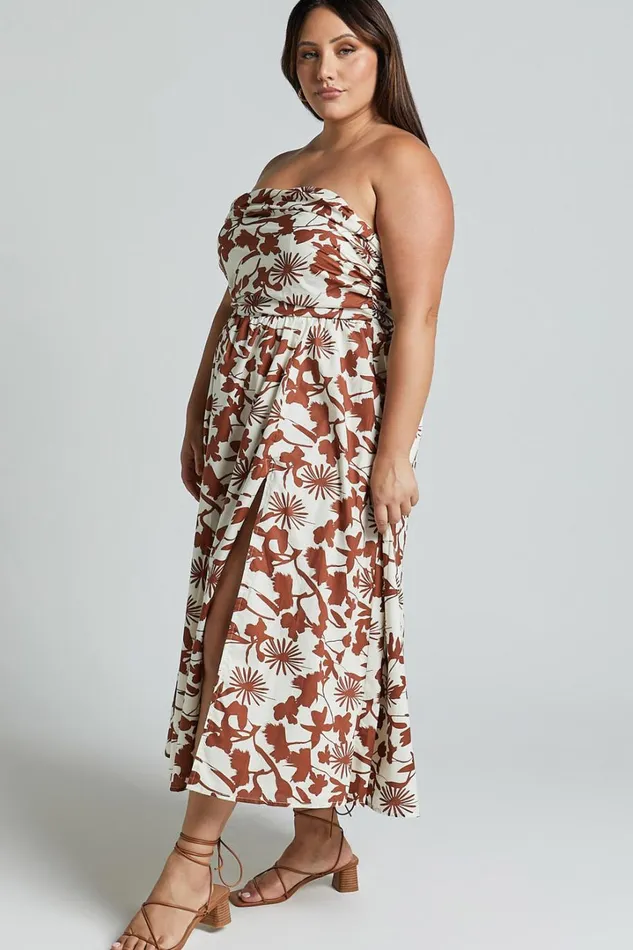 Evita Midi Dress 8211 Ruched High Split Strapless Dress In Multi Women Showpo Dresses