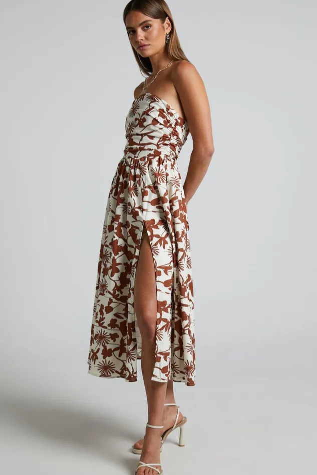 Evita Midi Dress 8211 Ruched High Split Strapless Dress In Multi Women Showpo Dresses
