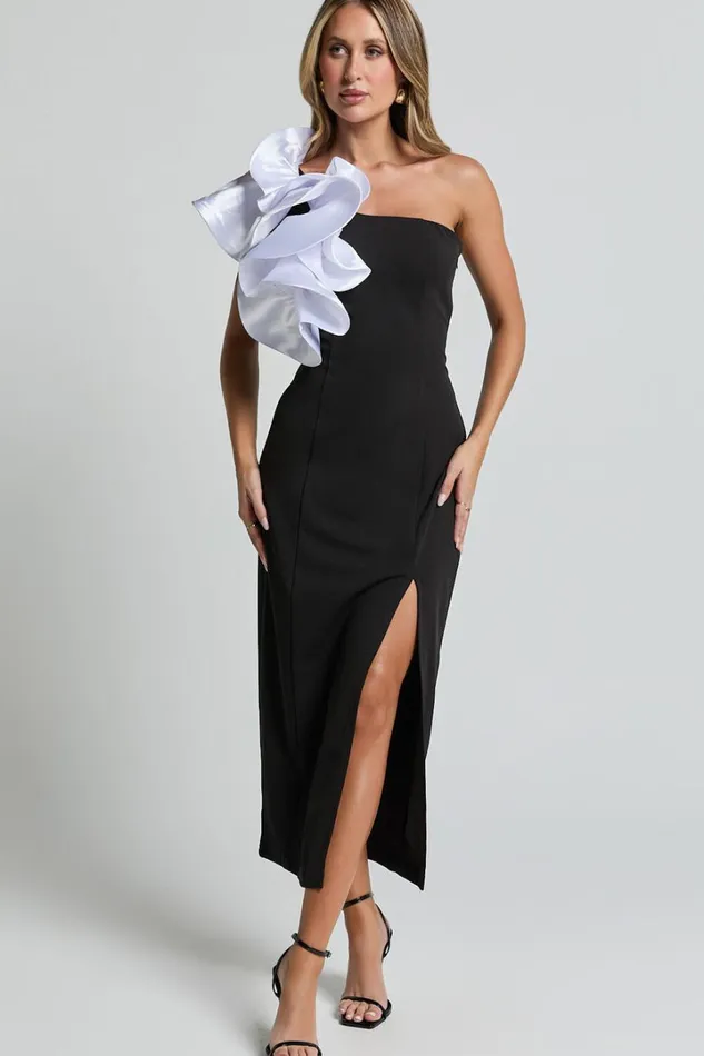 Fergie Midi Dress 8211 Strapless 3D Floral Thigh Split Dress In Black And White Women Showpo Dresses