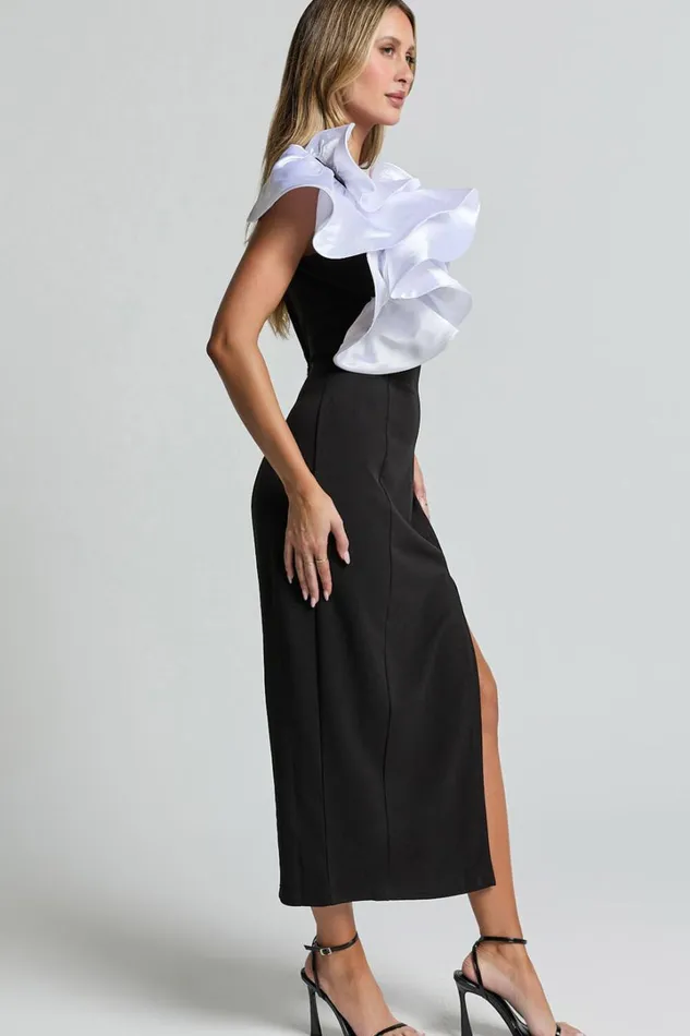 Fergie Midi Dress 8211 Strapless 3D Floral Thigh Split Dress In Black And White Women Showpo Dresses