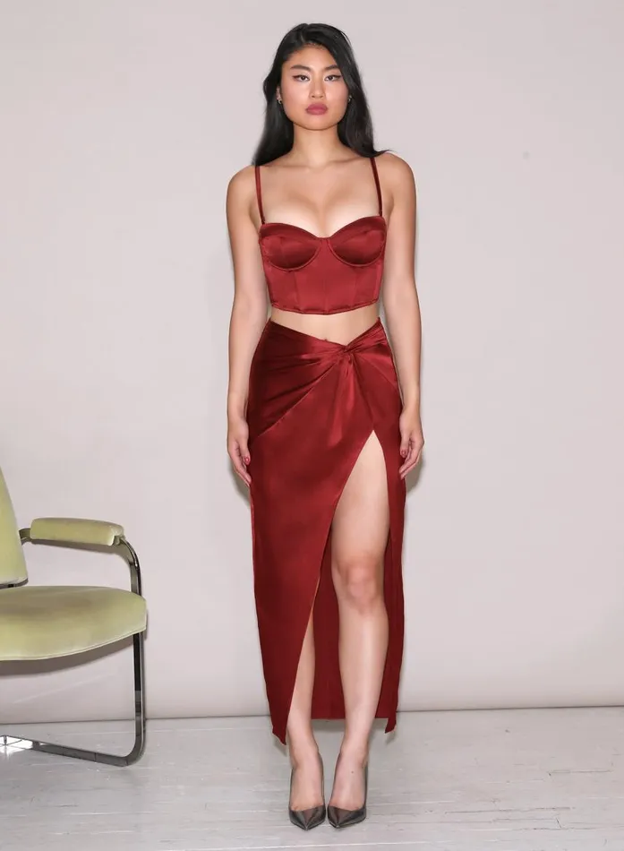 Fleur Du Mal Bottoms Women Silk Twist Knot Skirt Cinnamon Fleur Du Mal Bottoms Women Silk Twist Knot Skirt Cinnamon