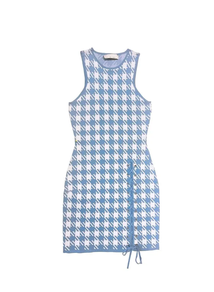 Fleur Du Mal Dresses Women Houndstooth Knit Mini Dress Baby Blueivory Fleur Du Mal Dresses Women Houndstooth Knit Mini Dress Baby Blueivory