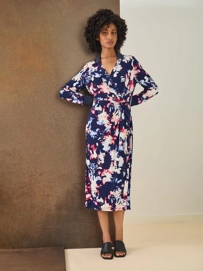 Floral Collared Twist Wrap Midi Dress Women Jones New York Dresses