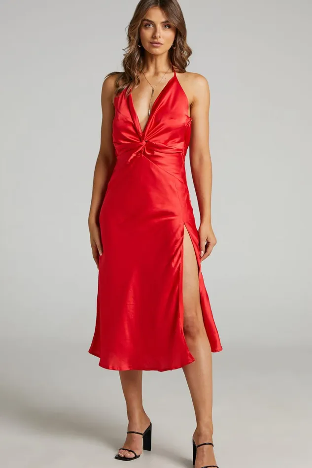 Florentina Midi Dress 8211 Twist Front Open Tie Back Dress In Red Women Showpo Dresses