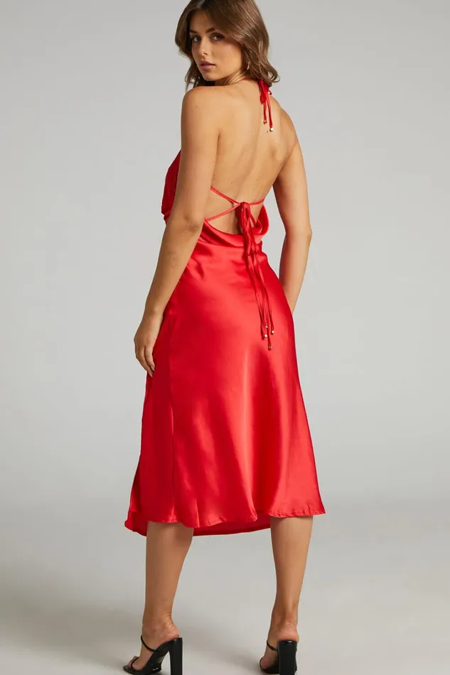 Florentina Midi Dress 8211 Twist Front Open Tie Back Dress In Red Women Showpo Dresses