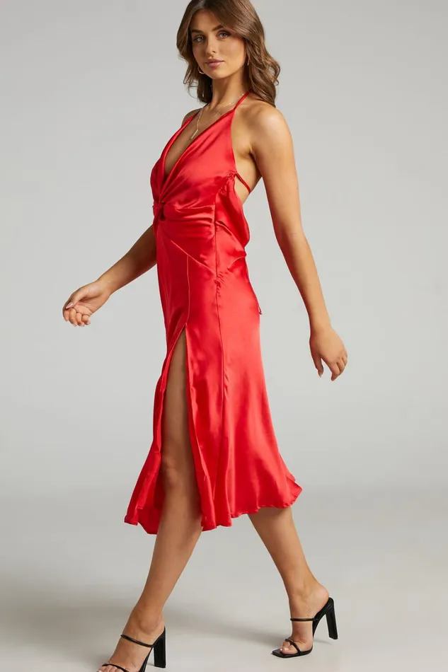 Florentina Midi Dress 8211 Twist Front Open Tie Back Dress In Red Women Showpo Dresses