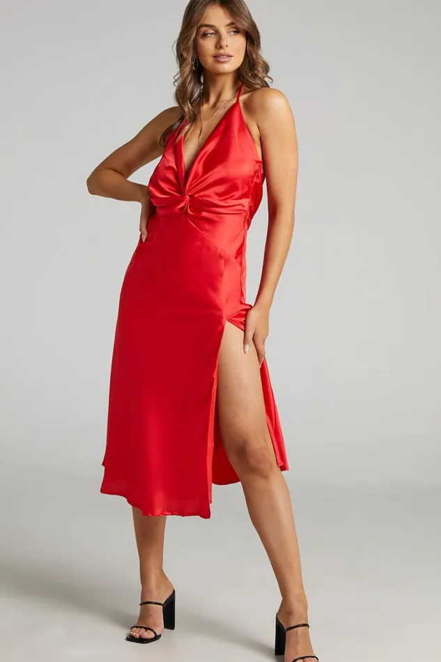 Florentina Midi Dress 8211 Twist Front Open Tie Back Dress In Red Women Showpo Dresses