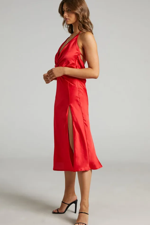 Florentina Midi Dress 8211 Twist Front Open Tie Back Dress In Red Women Showpo Dresses