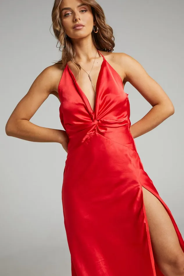 Florentina Midi Dress 8211 Twist Front Open Tie Back Dress In Red Women Showpo Dresses