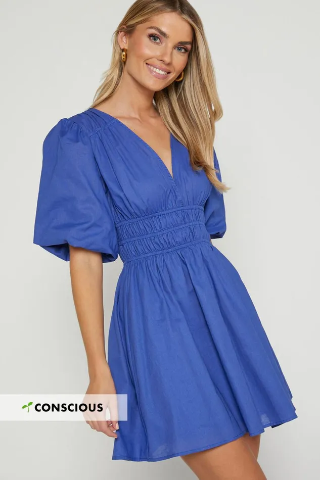 Francesca V Neck Puff Sleeves Mini Dress In Cornflower Blue Women Showpo Curve Clothes