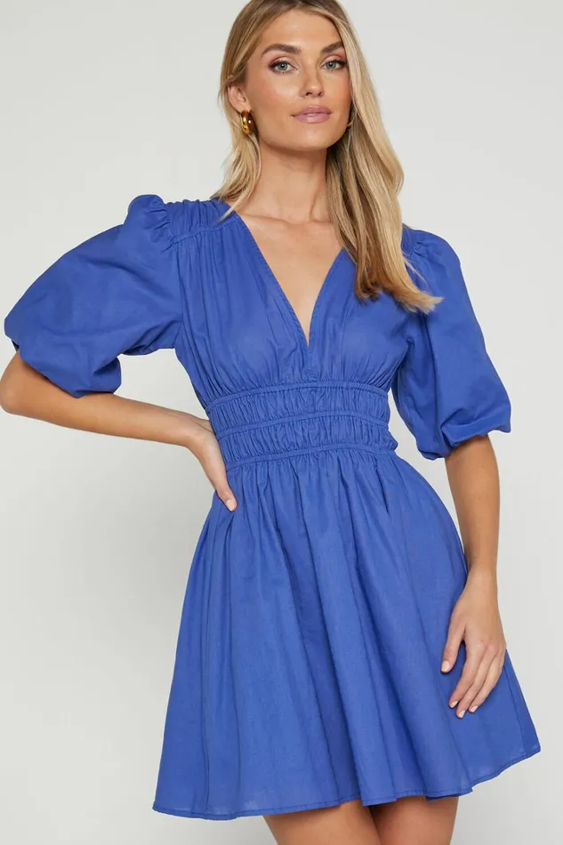 Francesca V Neck Puff Sleeves Mini Dress In Cornflower Blue Women Showpo Curve Clothes