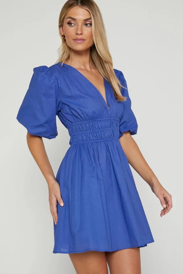 Francesca V Neck Puff Sleeves Mini Dress In Cornflower Blue Women Showpo Curve Clothes