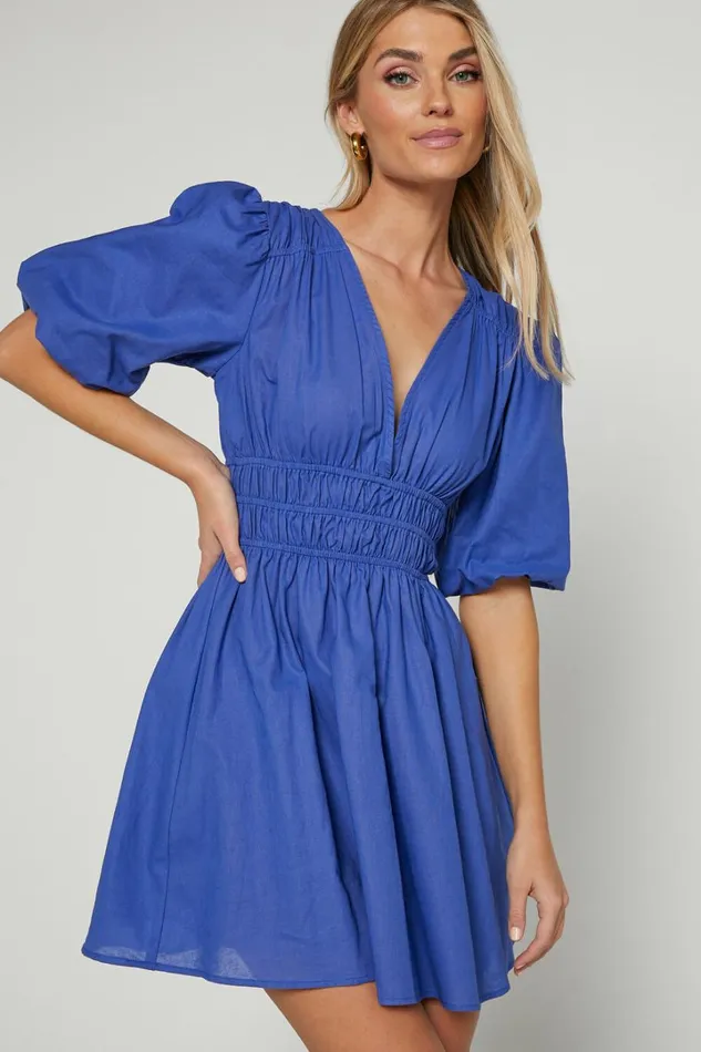 Francesca V Neck Puff Sleeves Mini Dress In Cornflower Blue Women Showpo Curve Clothes
