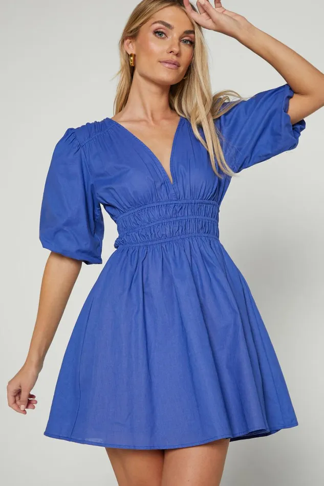 Francesca V Neck Puff Sleeves Mini Dress In Cornflower Blue Women Showpo Curve Clothes