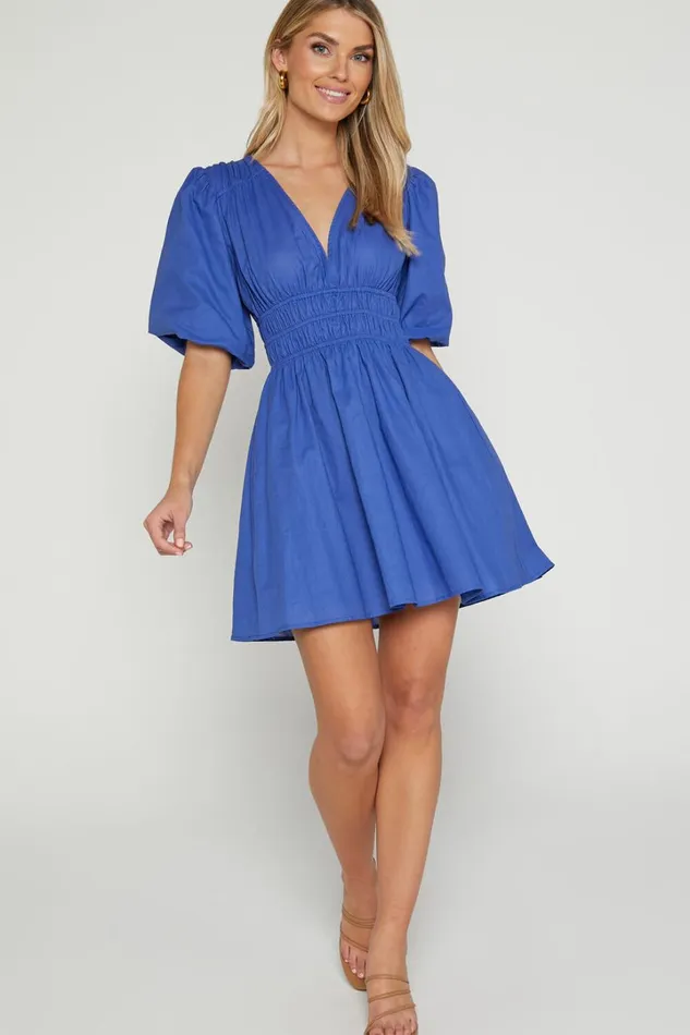 Francesca V Neck Puff Sleeves Mini Dress In Cornflower Blue Women Showpo Curve Clothes
