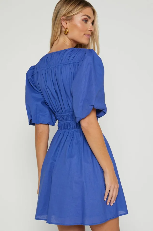 Francesca V Neck Puff Sleeves Mini Dress In Cornflower Blue Women Showpo Curve Clothes