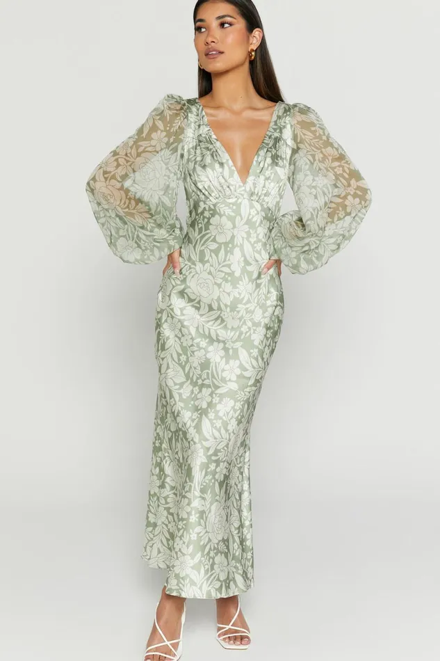 Freollyn Midi Dress 8211 Deep V Neck Long Sleeve Dress In Sage Women Showpo Dresses
