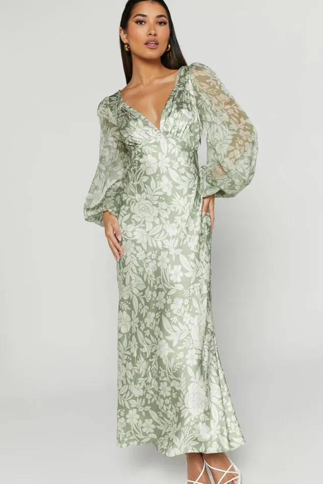 Freollyn Midi Dress 8211 Deep V Neck Long Sleeve Dress In Sage Women Showpo Dresses