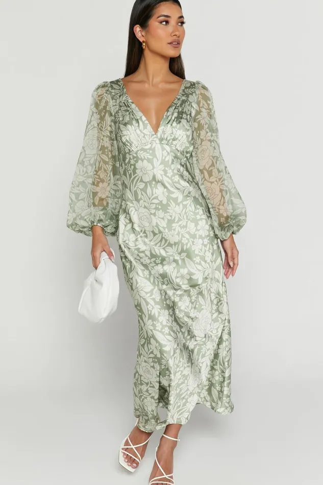 Freollyn Midi Dress 8211 Deep V Neck Long Sleeve Dress In Sage Women Showpo Dresses