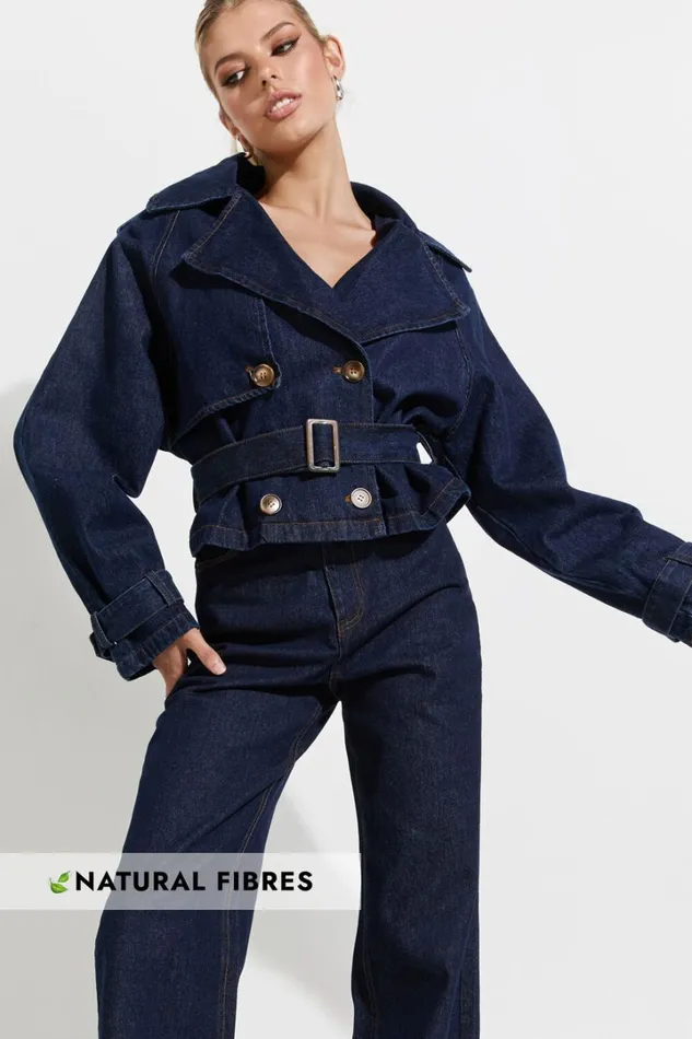 Gabrielle Trench Coat 8211 Tie Waist Cropped Denim Coat In Indigo Women Showpo Conscious Gabrielle Trench Coat 8211 Tie Waist Cropped Denim Coat In Indigo Women Showpo Conscious