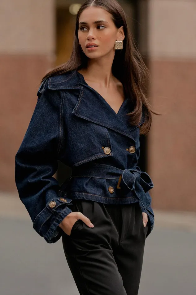 Gabrielle Trench Coat 8211 Tie Waist Cropped Denim Coat In Indigo Women Showpo Conscious
