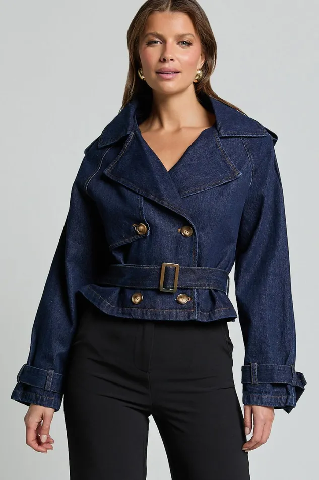 Gabrielle Trench Coat 8211 Tie Waist Cropped Denim Coat In Indigo Women Showpo Conscious