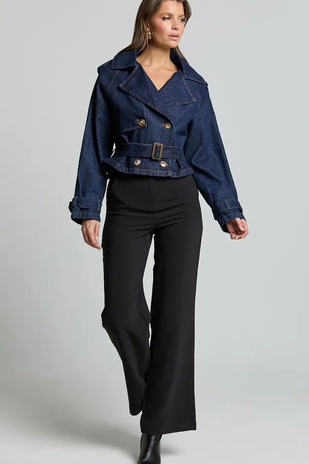 Gabrielle Trench Coat 8211 Tie Waist Cropped Denim Coat In Indigo Women Showpo Conscious