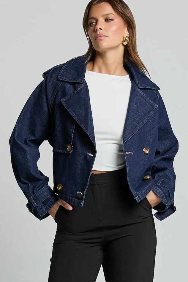Gabrielle Trench Coat 8211 Tie Waist Cropped Denim Coat In Indigo Women Showpo Conscious