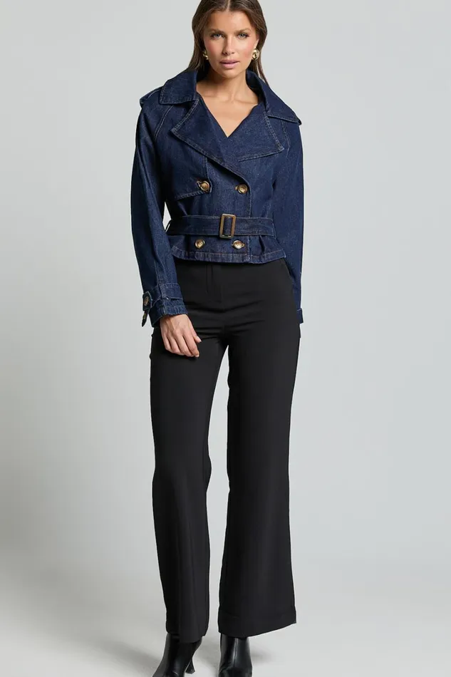 Gabrielle Trench Coat 8211 Tie Waist Cropped Denim Coat In Indigo Women Showpo Conscious