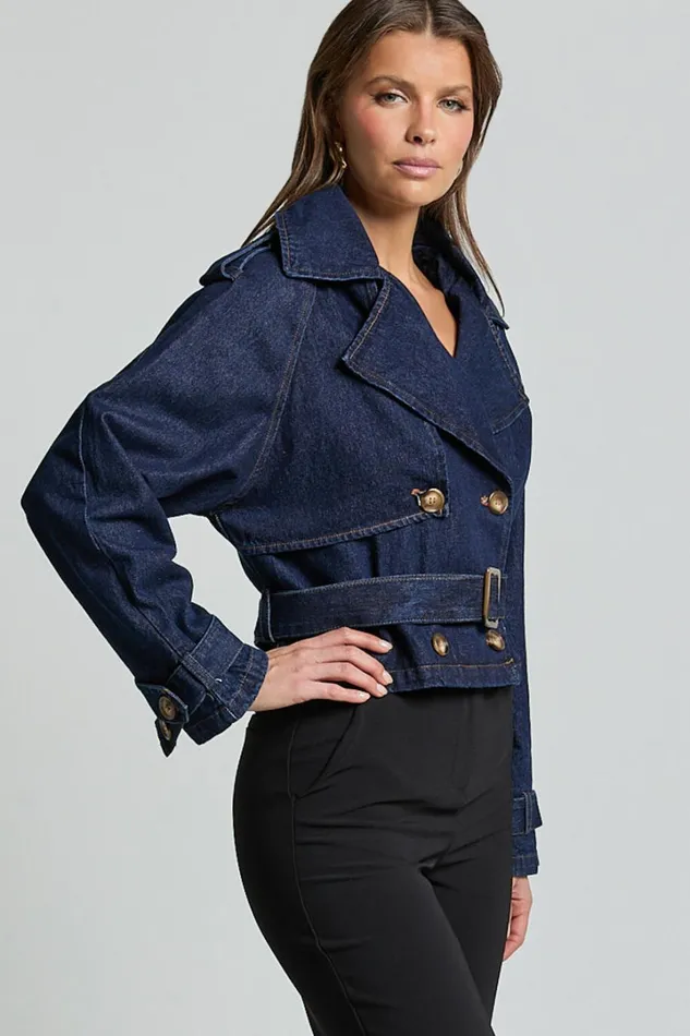 Gabrielle Trench Coat 8211 Tie Waist Cropped Denim Coat In Indigo Women Showpo Conscious