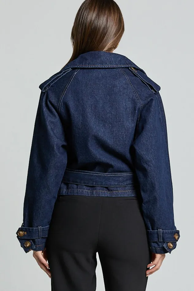 Gabrielle Trench Coat 8211 Tie Waist Cropped Denim Coat In Indigo Women Showpo Conscious