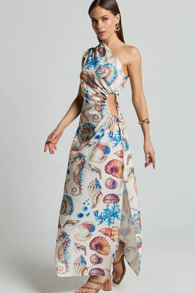 Gemma Midi Dress 8211 One Shoulder Side Cut Out Side Slit Dress In Holiday Print Women Showpo Dresses