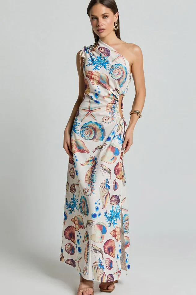 Gemma Midi Dress 8211 One Shoulder Side Cut Out Side Slit Dress In Holiday Print Women Showpo Dresses