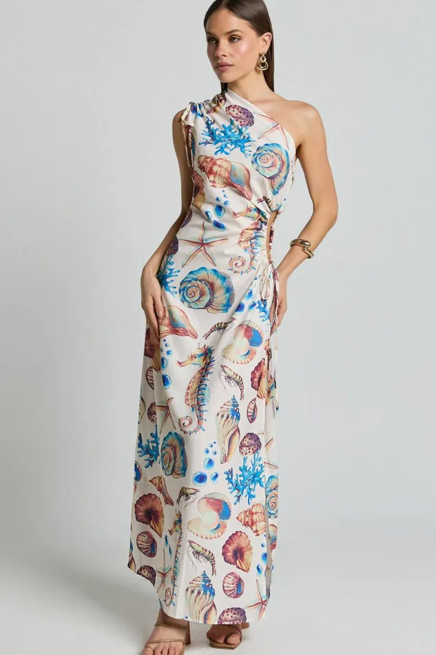 Gemma Midi Dress 8211 One Shoulder Side Cut Out Side Slit Dress In Holiday Print Women Showpo Dresses