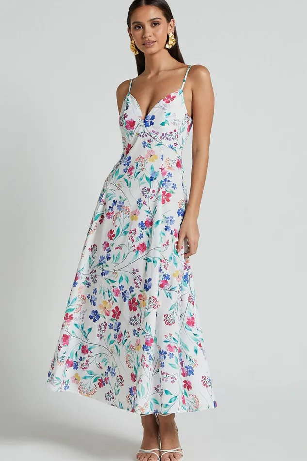 Georgia Midi Dress 8211 Strappy Plunge A Line Dress In Peony Meadow Print Women Showpo Dresses Georgia Midi Dress 8211 Strappy Plunge A Line Dress In Peony Meadow Print Women Showpo Dresses