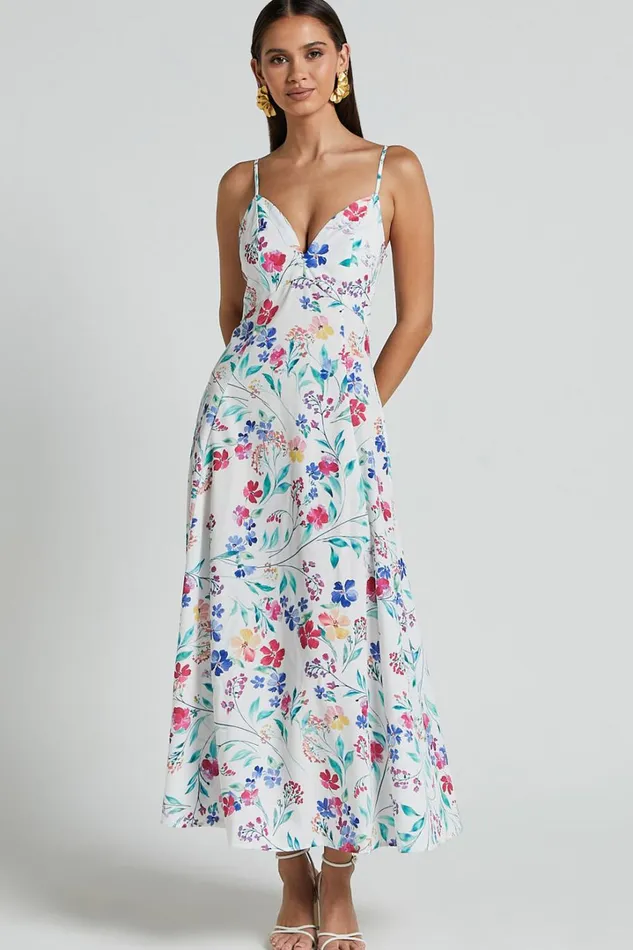 Georgia Midi Dress 8211 Strappy Plunge A Line Dress In Peony Meadow Print Women Showpo Dresses