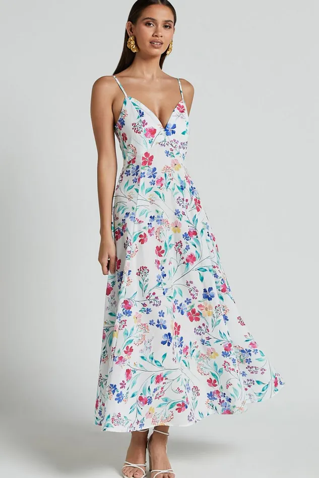 Georgia Midi Dress 8211 Strappy Plunge A Line Dress In Peony Meadow Print Women Showpo Dresses