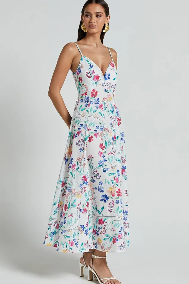Georgia Midi Dress 8211 Strappy Plunge A Line Dress In Peony Meadow Print Women Showpo Dresses