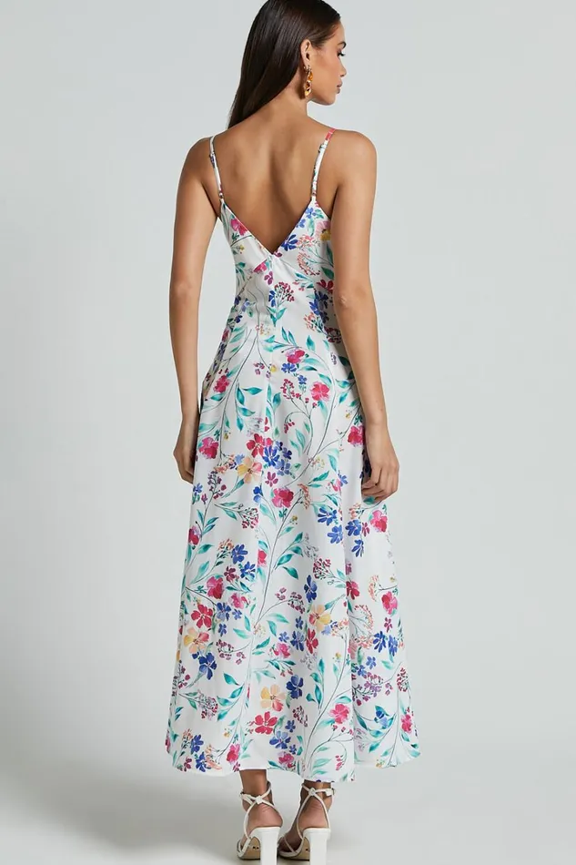 Georgia Midi Dress 8211 Strappy Plunge A Line Dress In Peony Meadow Print Women Showpo Dresses